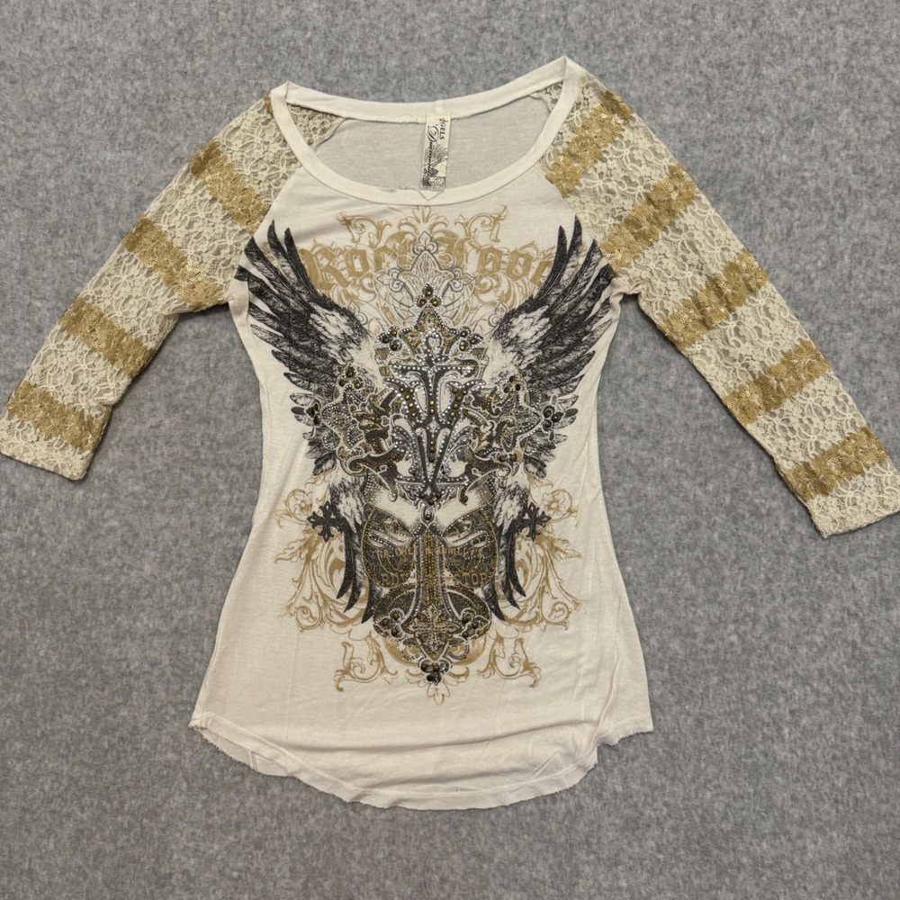 Angels & Diamonds Wings Cross Rhinestone Lace Sequin Top Cream Gold McBling Y2K